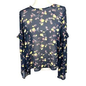 Lush Sheer Navy Blouse with Yellow and Lilac Floral Print Bell Sleeves Size M
